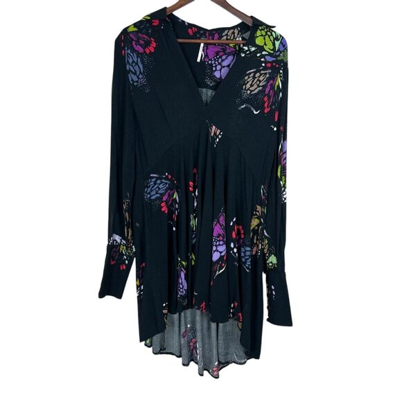 Free People Tunic Top Medium Black Field Of Butterflies Swing Flowy Oversized‎ - Picture 1 of 12